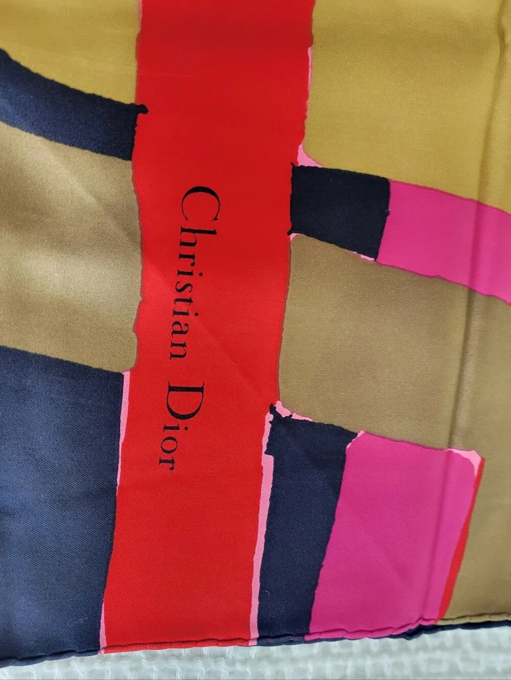Vintage Dior Navy, Hot Pink, Red & Gold Geometric Silk Scarf 30